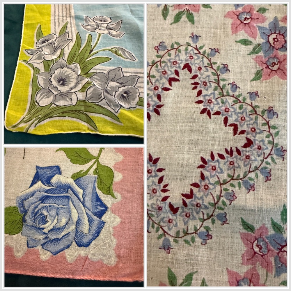 Vintage Floral Cotton Handkerchief Bundle Set 3 Pink Blue Yellow Floral‎ Hankies